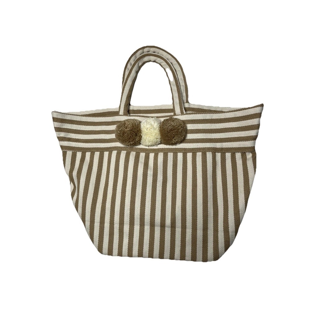JADEtribe NWT Valerie St Jean Pom Pom striped Tan Cream Tote Beach Bag Resort